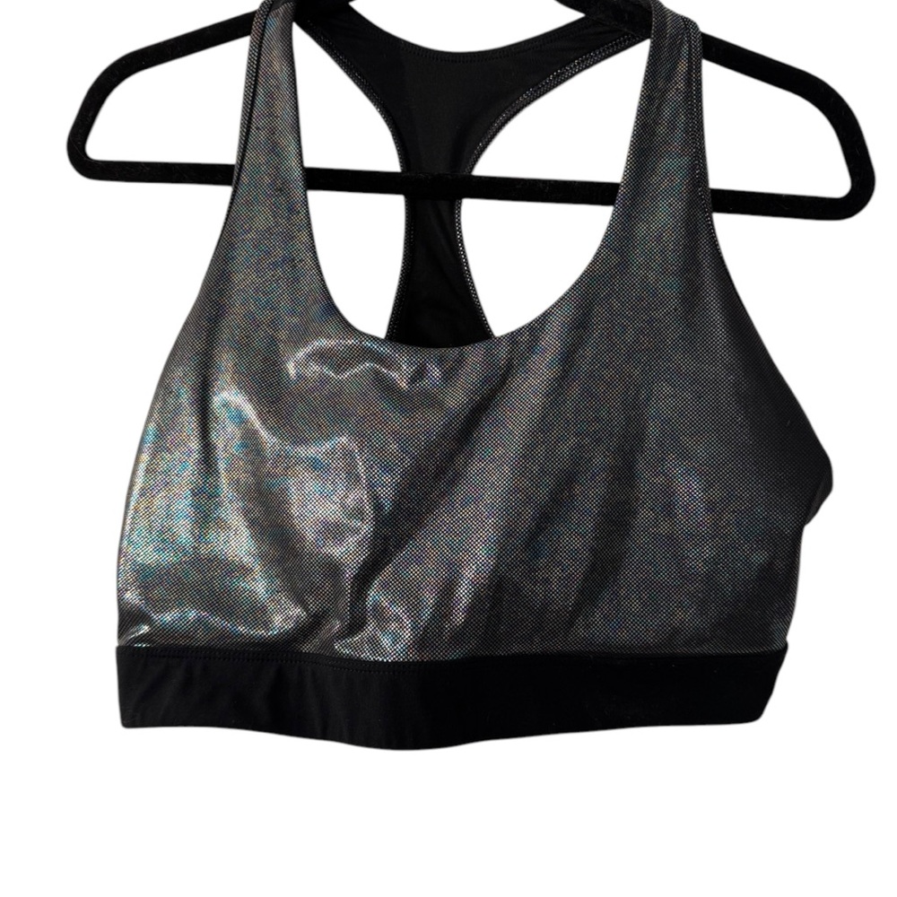 ZYIA Metallic Dark Gray Sports Bra with Racerback Design and Thick Black Band